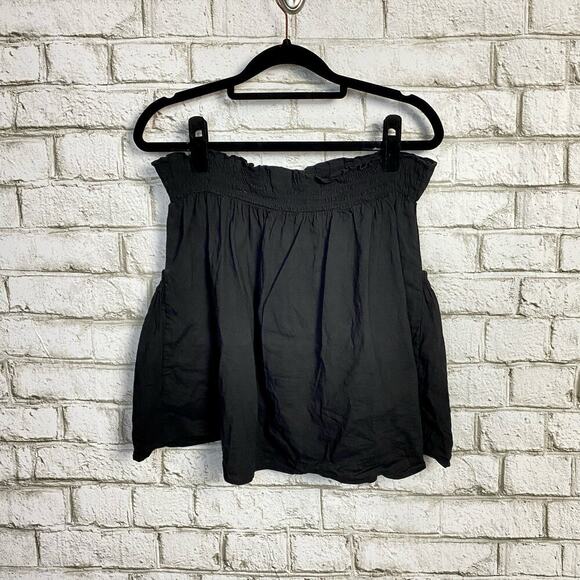 Theory Skirt Jesmina Linen Crunch Mini Smocked Elastic Waist Pockets Black M - Picture 2 of 6